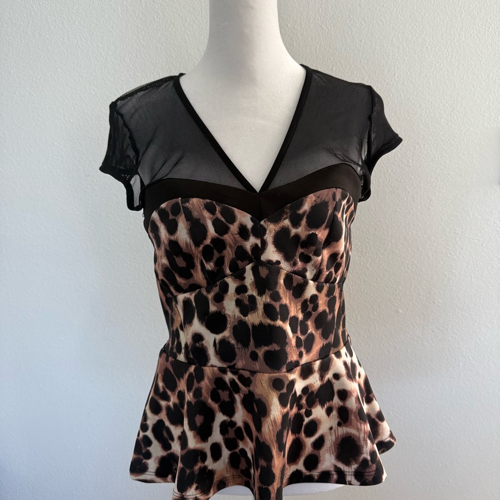 Vintage Bebe Y2K Peplum Leopard Print Mesh Top